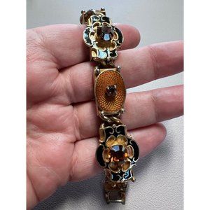 Vintage Art Deco Gold, Enamel + Crystal Station Bracelet, Unique/Bold/Chunky